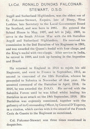 Falconar-Stewart R D Lt Col DSO 12th Argyll and Sutherland Highlanders Obit The War Record Of Old Dunelmians 1914-1919