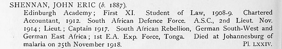 Shennan J E Captain South African Defence Corps