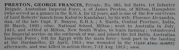 Preston G F Pte 365 3rd Australian Imperial Force Obit