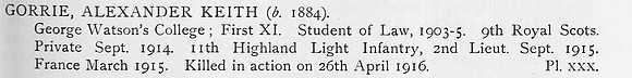 Gorrie A K 2nd Lt 11th Highland Light Infantry Obit