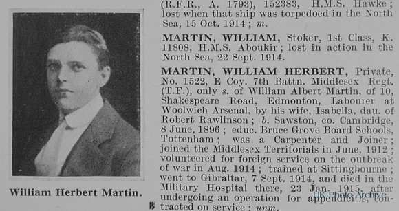 Martin W H Pte 1522 7th Middlesex Regiment Obit
