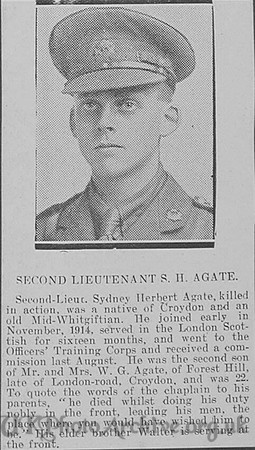 Agate S H 2nd Lt 4th Beds Regt Croydon Roll Of Honour