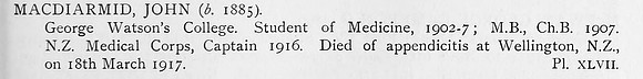 MacDiarmid J Captain New Zealand Medical Corps Obit