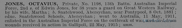 Jones O Pte 1198 13th Australian Imperial Force Obit