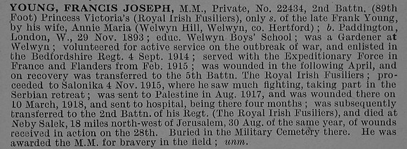 Young F J Pte MM 22434 2nd Royal Irish Fusiliers Obit De Ruvignys Roll Of Honour Vol 4