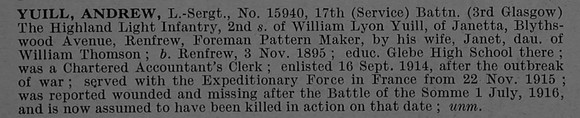 Yuill A LSergt 15940 17th Highland Light Infantry Obit De Ruvignys Roll Of Honour Vol 4