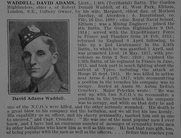 Waddell D A Lt 4th Gordon Highlanders Obit De Ruvignys Roll Of Honour Vol 3