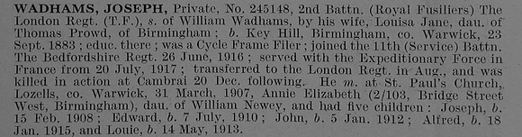 Wadhams J Pte 245148 2nd London Regiment (Royal Fusiliers) Obit De Ruvignys Roll Of Honour Vol 3