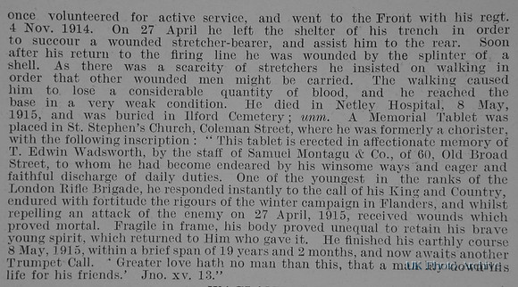 Wadsworth T E Pte 5th London Regt Obit Part 2 De Ruvignys Roll Of Honour Vol 1