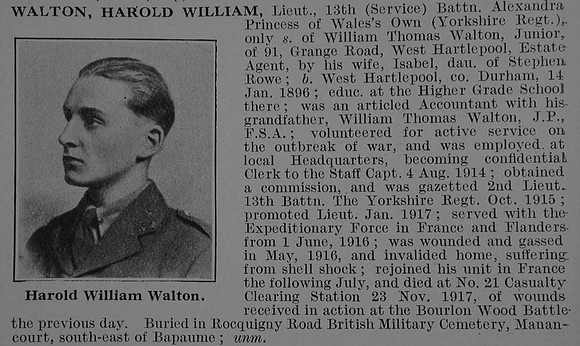 Walton H W Lt 13th Yorkshire Regiment Obit De Ruvignys Roll Of Honour Vol 3