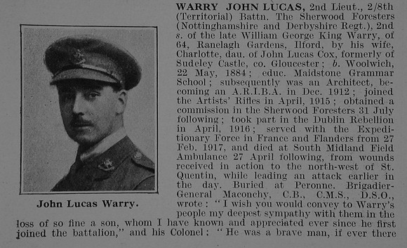 Warry J L 2nd Lt 8th Notts & Derby Regiment Obit Part 1 De Ruvignys Roll Of Honour Vol 3