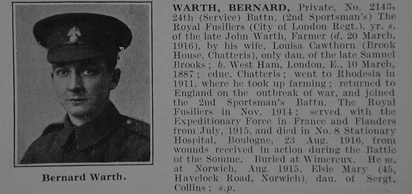 Warth B Pte 2143 24th Royal Fusiliers Obit De Ruvignys Roll Of Honour Vol 3