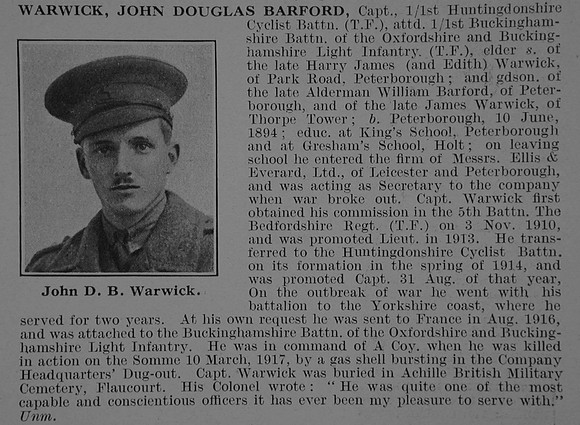 Warwick J D B Captain Huntingdonshire Cyclist Btn Attd 1st Bucks Btn Oxford & Bucks Light Infantry Obit De Ruvignys Roll Of Honour Vol 3