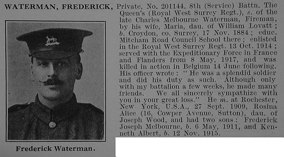 Waterman F Pte 201144 8th Queens Royal West Surrey Regiment Obit De Ruvignys Roll Of Honour Vol 3