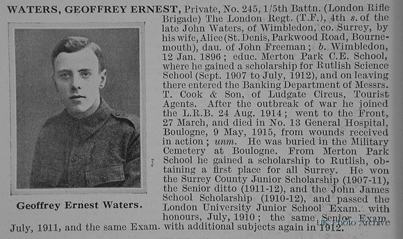 Waters G E Pte 5th London Regt Obit De Ruvignys Roll Of Honour Vol 1