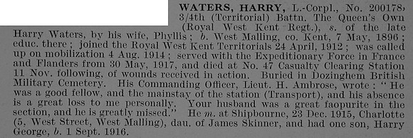 Waters H L-Cpl 200178 4th Queens Own Royal West Kent Regiment Obit De Ruvignys Roll Of Honour Vol 3
