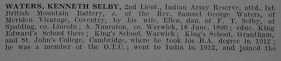 Waters K S 2nd Lt Indian Army Obit Part 1 De Ruvignys Roll Of Honour Vol 3