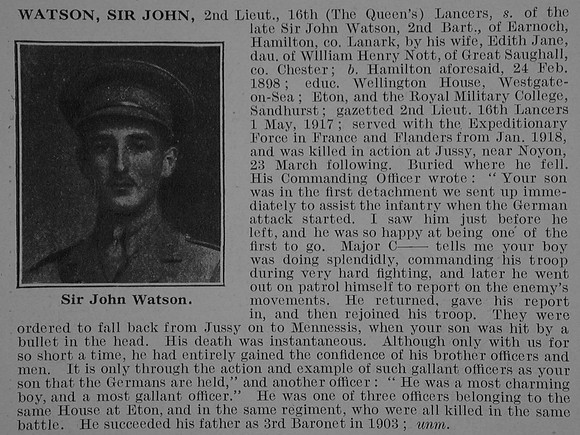 Watson J 2nd Lt Sir 16th Lancers Obit De Ruvignys Roll Of Honour Vol 3