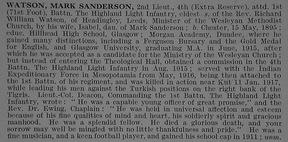 Watson M S 2nd Lt 4th Attd 1st Highland Light Infantry Obit De Ruvignys Roll Of Honour Vol 3