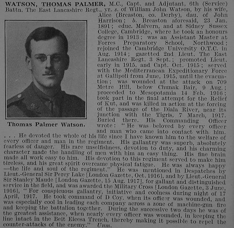 Watson T P Captain MC 6th East Lancs Regiment Obit De Ruvignys Roll Of Honour Vol 3