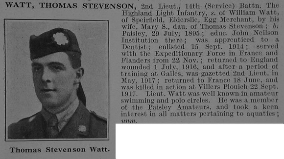 Watt T S 2nd Lt 14th Highland Light Infantry Obit De Ruvignys Roll Of Honour Vol 3