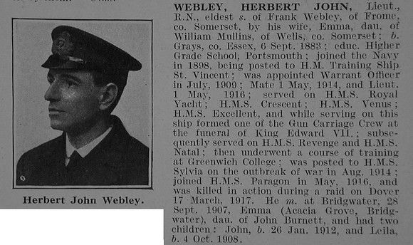 Webley H J Lt H.M.S. Paragon Royal Navy Obit De Ruvignys Roll Of Honour Vol 3