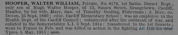 Hooper W W Pte 8178 1st Dorset Regiment Obit