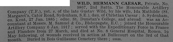 Wild H C Pte 9867 2nd Honourable Artillery Company Obit De Ruvignys Roll Of Honour Vol 4