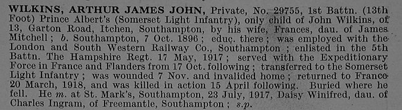 Wilkins A J J Pte 29755 1st Somerset Light Infantry Obit De Ruvignys Roll Of Honour Vol 4