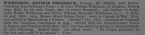 Wilkinson A F Pte 830234 44th Canadian Infantry (New Brunswick Regiment) Obit De Ruvignys Roll Of Honour Vol 4