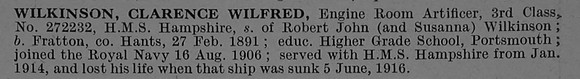 Wilkinson C W Engine Room Artificer 3rd Class 272232 H.M.S. Hampshire Royal Navy Short Obit De Ruvignys Roll Of Honour Vol 4