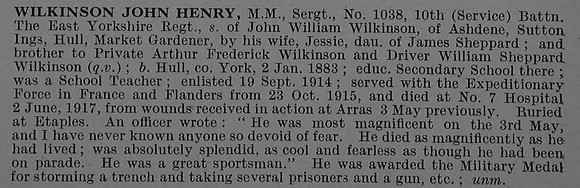 Wilkinson J H Sergt MM 1038 10th East Yorkshire Regiment Obit De Ruvignys Roll Of Honour Vol 4