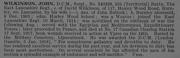 Wilkinson J Sergt DCM 240228 5th East Lancashire Regiment Obit De Ruvignys Roll Of Honour Vol 4