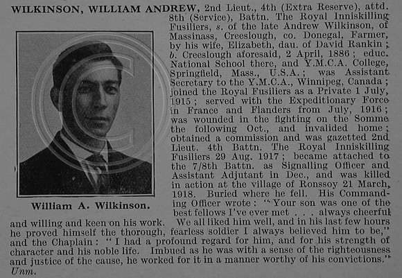Wilkinson W A 2nd Lt 4th Attd 8th Royal Inniskilling Fusiliers Obit De Ruvignys Roll Of Honour Vol 4