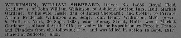 Wilkinson W S Dvr 14885 Royal Field Artillery Obit De Ruvignys Roll Of Honour Vol 4