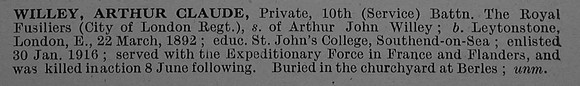 Willey A C Pte 1912 10th Royal Fusiliers Short Obit De Ruvignys Roll Of Honour Vol 4