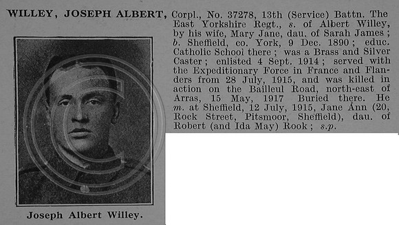 Willey J A Cpl 37278 13th East Yorkshire Regiment Obit De Ruvignys Roll Of Honour Vol 4