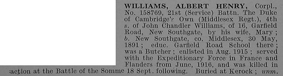 Williams A H Cpl 158769 21st Middlesex Regiment Obit De Ruvignys Roll Of Honour Vol 4