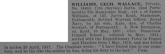 Williams C W Pte 18463 15th Hampshire Regiment Obit De Ruvignys Roll Of Honour Vol 4
