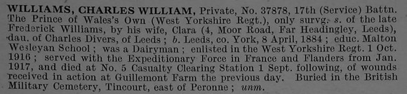 Williams C W Pte 37878 17th West Yorkshire Regiment Obit De Ruvignys Roll Of Honour Vol 4