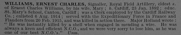 Williams E C Sig Royal Field Artillery Obit De Ruvignys Roll Of Honour Vol 4
