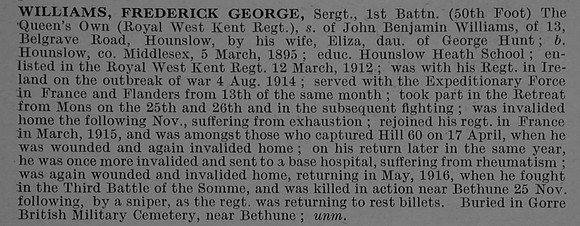 Williams F G Sergt 9841 1st Queen's Own (Royal West Kent Regiment) Obit De Ruvignys Roll Of Honour Vol 4