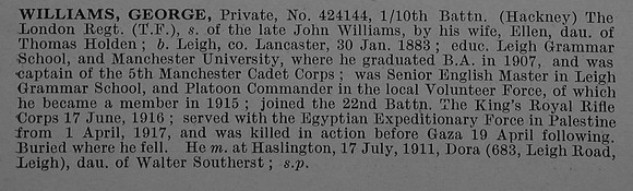Williams G Pte 424144 10th London Regiment Obit De Ruvignys Roll Of Honour Vol 4