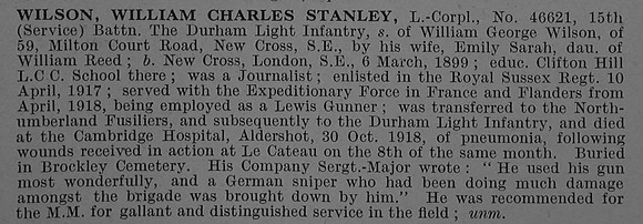 Wilson W C S L/Cpl 46621 15th Durham Light Infantry Obit De Ruvignys Roll Of Honour Vol 4