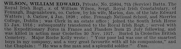 Wilson W E Pte 25894 7th Royal Irish Regiment Obit De Ruvignys Roll Of Honour Vol 4