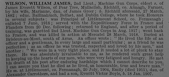 Wilson W J 2nd Lt Machine Gun Corps Obit De Ruvignys Roll Of Honour Vol 4
