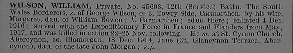 Wilson W Pte 45603 12th South Wales Borderers Short Obit De Ruvignys Roll Of Honour Vol 4