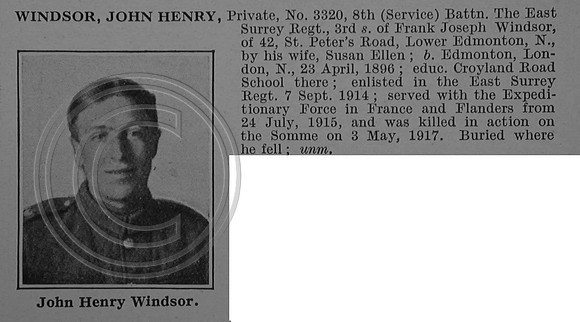 Windsor J H Pte 3320 8th East Surrey Regiment Obit De Ruvignys Roll Of Honour Vol 4