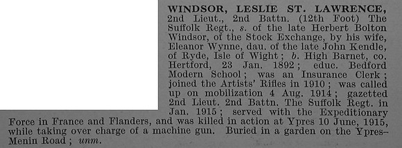 Windsor L St L 2nd Lt 2nd Suffolk Regiment Obit De Ruvignys Roll Of Honour Vol 4