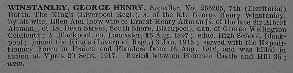 Winstanley G H Sig 266205 7th Kings Liverpool Regiment Obit De Ruvignys Roll Of Honour Vol 4